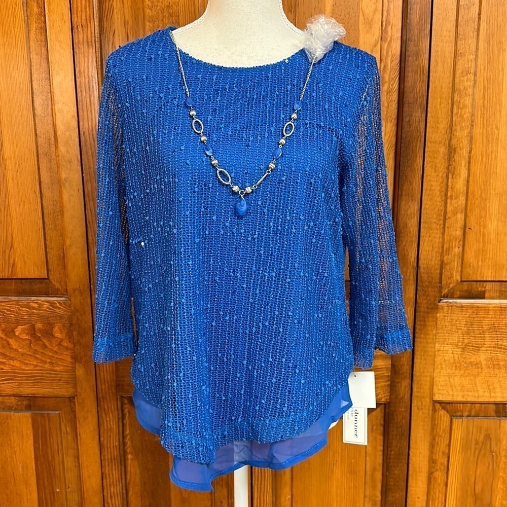 Alfred Dunner Sea You There Blue Rounded Neck 3/4 Sheer Popcorn Sleeve Top PM